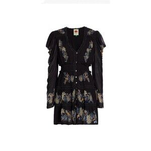 Farm Rio Black Stitched Garden Button Front Long Sleeve Dress Size Small New